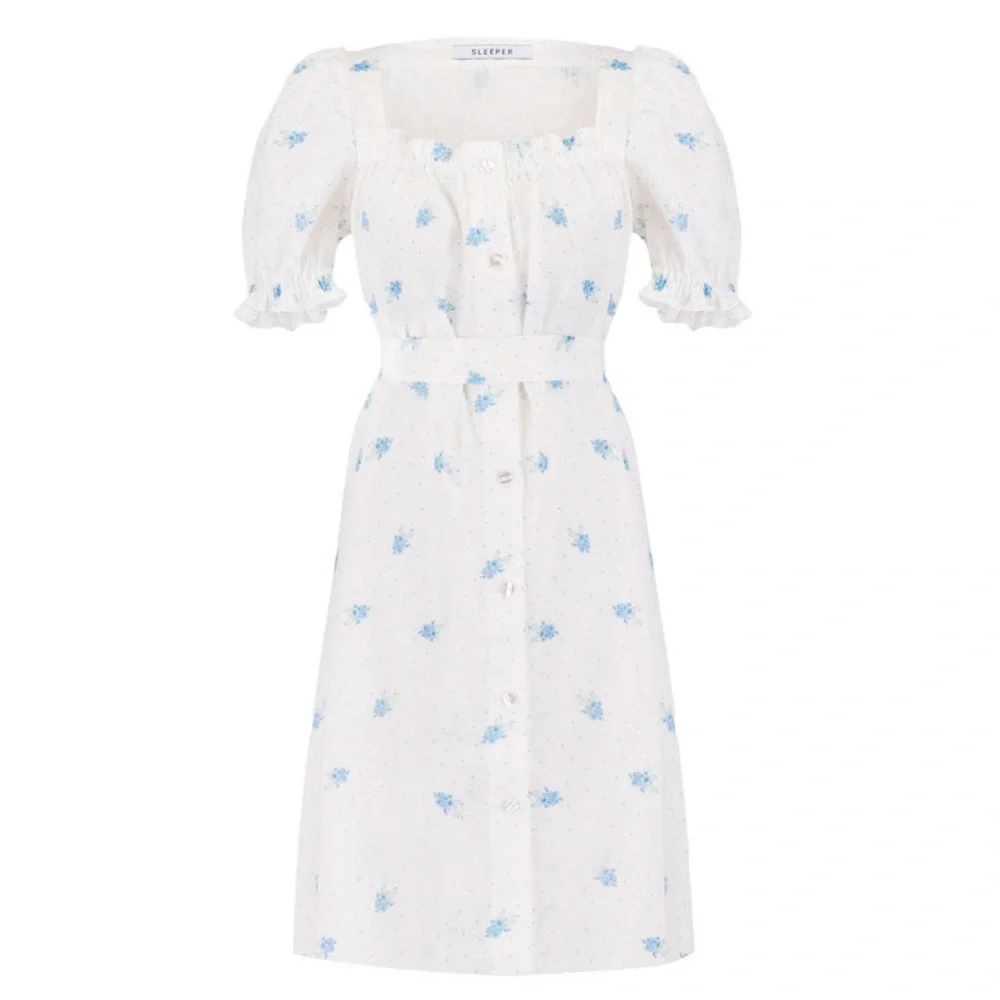 Sleeper Brigitte Linen Mini Dress in Linum Tie Waist Puff Sleeve Blue Floral M